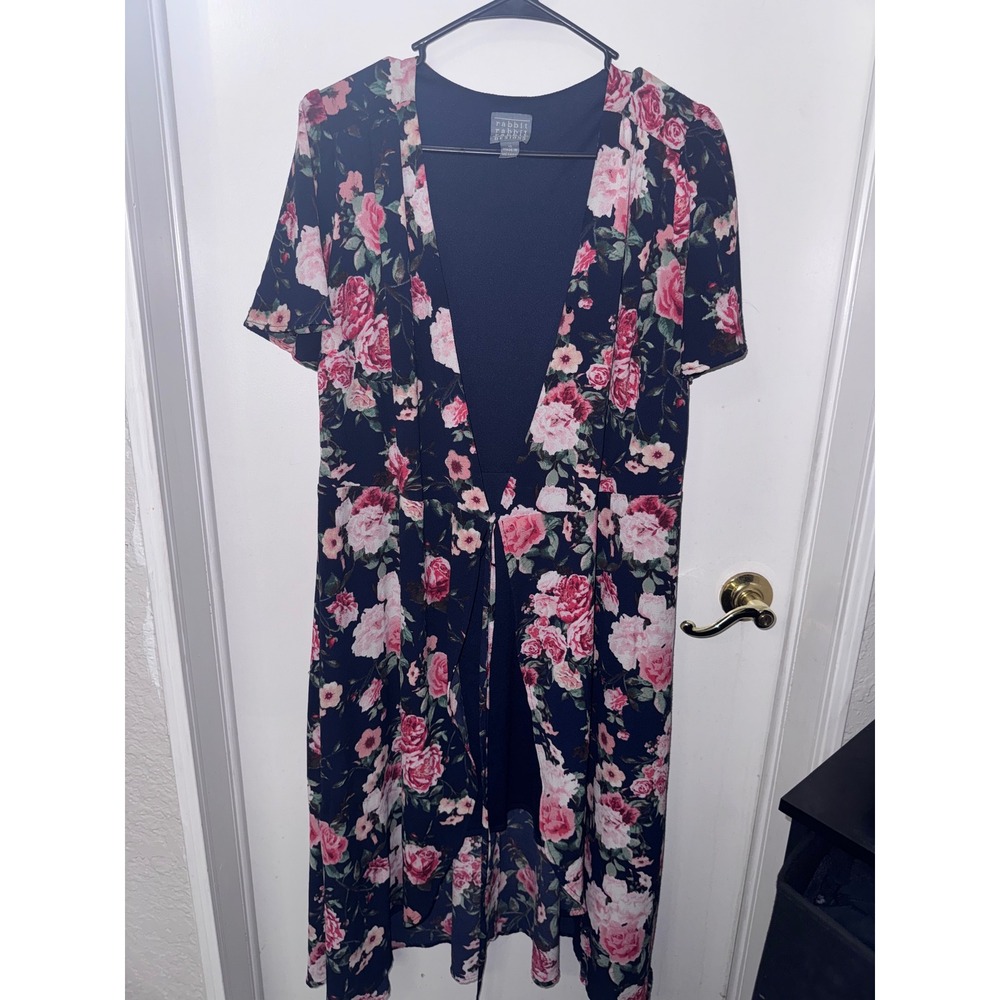 Rabbit Rabbit Rabbit Designs Navy Pink Floral Rose Maxi Dress‎ Mock Wrap Size 10